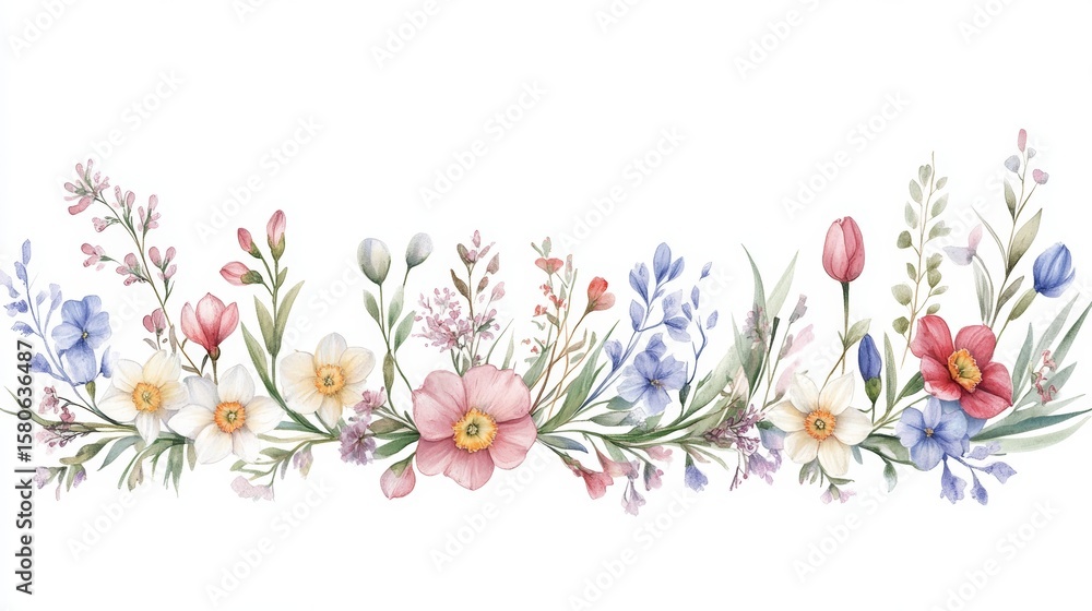 Poster elegant thin and narrow border composed of delicate tiny daffodils on white surface