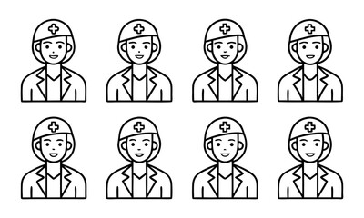 Line Art Depiction of Doctors and Nurses Wearing Caps With Plus Symbols Standing Isolated on a White Background