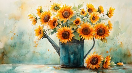 Elegant bouquet of sunflowers arranged in a vintage watering can still life illustration