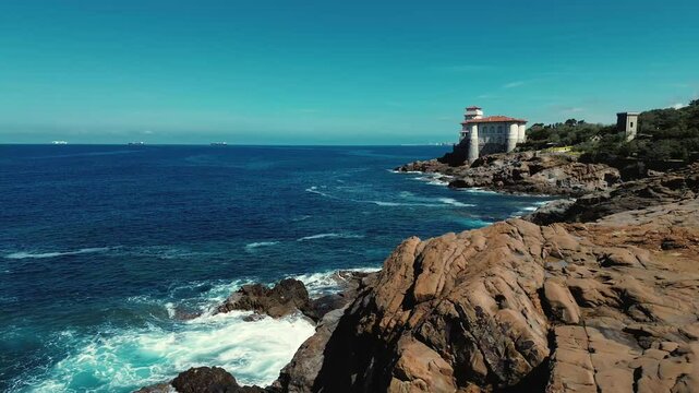 4K Drone Footage of Castello del Boccale on the Cliffs of Calafuria &ndash; Scenic Coastal View in Tuscany, Italy