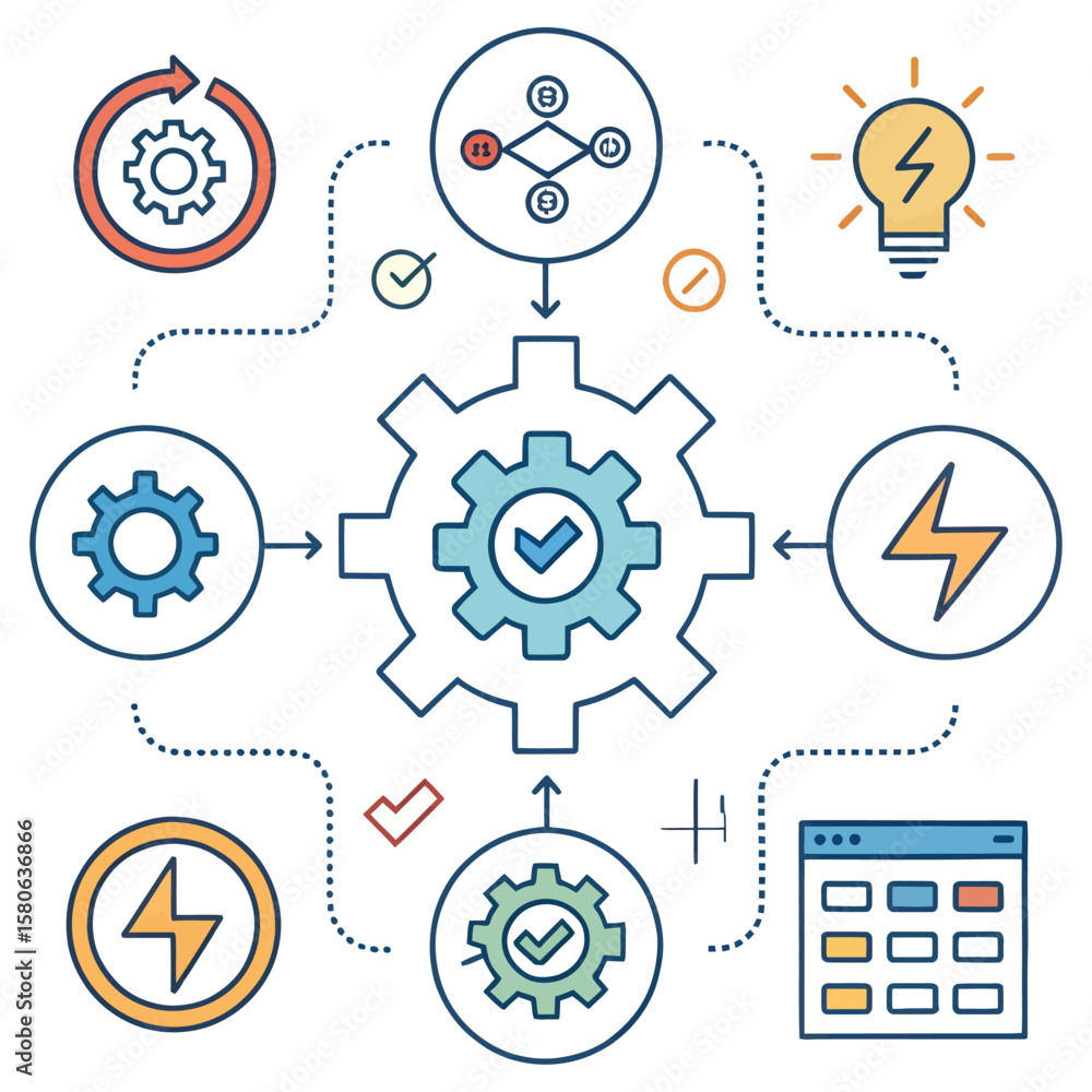Poster process and innovation: a conceptual illustration showcasing the gears of progress, with icons repre