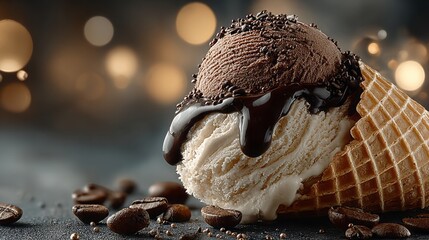 Vanilla and chocolate coffee gelato cone with melting chocolate syrup and roasted coffee beans.