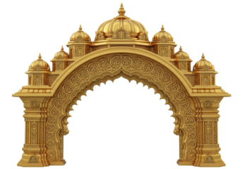 Golden ornate archway with intricate carvings, traditional Indian temple entrance design, sacred gateway architecture