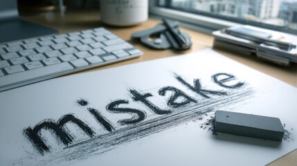 Fototapeta premium Conceptual image of mistake and correction on a desk with eraser and keyboard