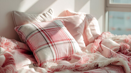 A cozy bedroom corner with pink plaid blanket and cushions, bathed in soft morning light. Tranquil comfort in simplicity.