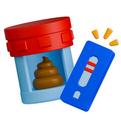 Stool test kit with positive result and feces sample in container. 3d illustration.