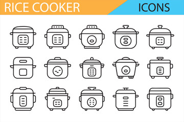 Vector icons showing different rice cookers for home and kitchen appliances.

