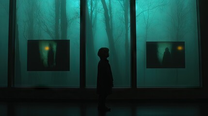 Silhouette of Boy in Museum Viewing Serene Abstract Forest Exhibit