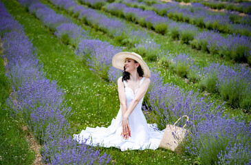Beautiful brunette young woman In white dress and straw hat  sitting with straw basket  in lavender...