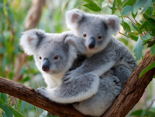Fototapeta premium 木の枝で寄り添う愛らしいコアラの親子の姿