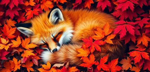 A fluffy fox curled asleep amidst vibrant orange and red autumn leaves,  colors,  whimsical
