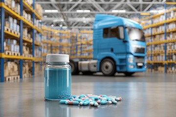 A light-blue medicine bottle sits on a warehouse floor, surrounded by scattered pills. A blue truck is in the background