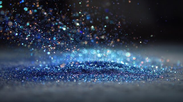 A mesmerizing closeup of shimmering blue glitter particles suspended in midair beautifully illuminated by vibrant light rays encapsulating the essence of festivity and wonder in a tranquil