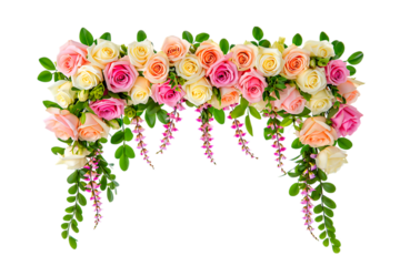 Beautiful floral archway with pink and cream roses and green leaves isolated on transparent background