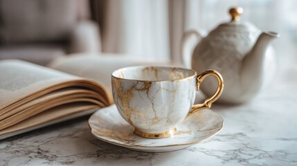 Fototapeta premium Elegant marble teacup with gold detailing on marble surface for cozy tea time and relaxation