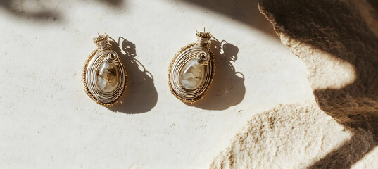 Two golden brown gemstone  earrings captured in a minimalist studio shot with soft lighting clean background subtle reflections and delicate details highlighting high-quality elegant jewelry design

