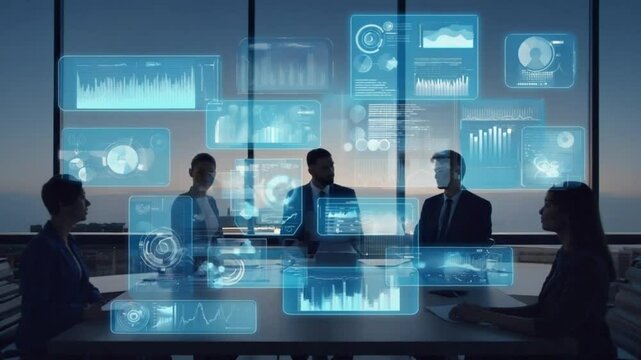 Business team collaborating with augmented reality data visualizations during a meeting in a modern office, driving strategy and innovation.