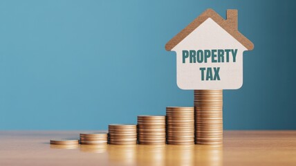Stacks of coins increasing with property tax house sign on top against blue background scene