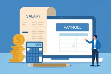 Illustration of payroll management with salary slip, coins, calculator, and a laptop screen