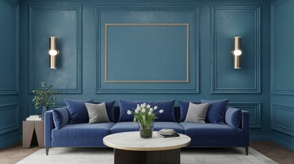 Blue living room with sofa, pillows, flowers, table, and wall art in a modern interior design