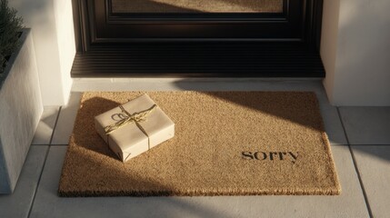 Apology gift on welcome mat at doorway with natural light and wrapped present