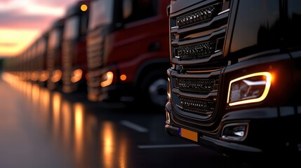 Black Semi Truck Leading a Line of Red Trucks at Sunset