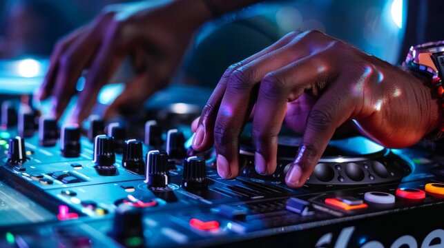 DJ's hands manipulating sound mixer, illuminated by blue light, creating vibrant atmosphere at energetic event for partygoers enjoyment.