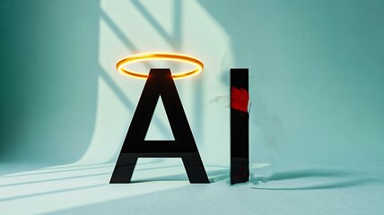 Naklejka premium Artificial intelligence concept with angel halo and devil horns symbolizing good and evil technology 
