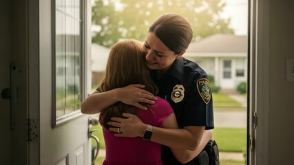 Mother in uniform shares emotional goodbye with child at front door during sunny afternoon