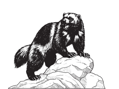Engraved wolverine with extended claws on rocky surface in tense wild defensive pose