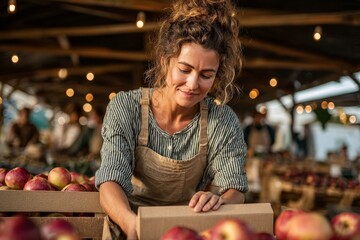 Smiling woman with curly hair sorting apples at farmer’s market