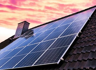 Photovoltaic panels producing renewable energy on a rooftop at sunset