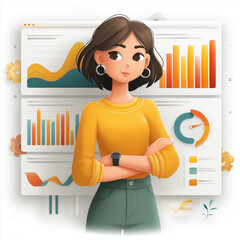A woman stands in front of a computer monitor with a yellow shirt and green pants. She is looking at the screen with a serious expression. The monitor displays various graphs and charts
