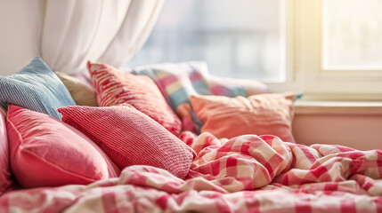 A cozy bedroom corner with pink plaid blanket and cushions, bathed in soft morning light. Tranquil comfort in simplicity.