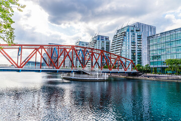 A view looking back towards the Detroit Bridge in Salford Quays,  Manchester,UK in summertime