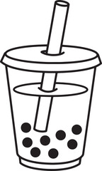 Simple line art illustration of a delicious boba tea cup with straw and tapioca pearls
