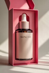 Close up of skincare bottle with dropper inside pink box with shadows on white surface view from front