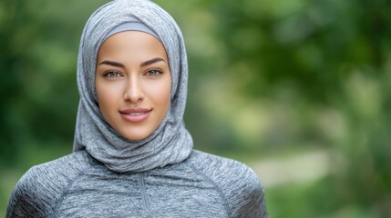 Confident Middle Eastern Woman Running In Green City Park Wearing Modest Sports Outfit And Hijab