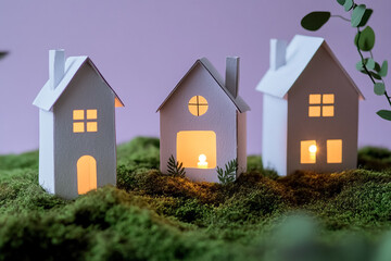 Cute Paper Houses on Purple Background