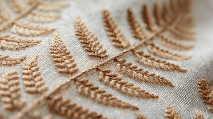 Delicate fern fronds woven into linen fabric. Close up concept