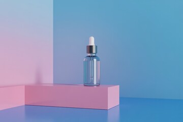Clear dropper bottle on pink platform with blue and pink backdrop studio product shot style