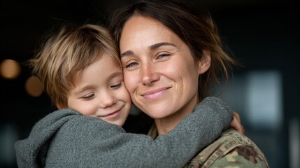 Emotional reunion of a female military service member warmly embracing her young son at the airport after deployment homecoming