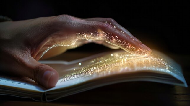 Reading Sparks Imagination: A Hand Touching a Glowing Book, Igniting Knowledge and Discovery in a Dark Background, Creating a Magical Atmosphere.