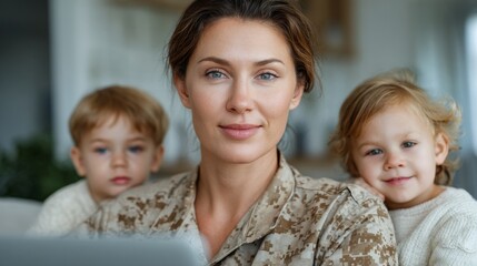 Focused female soldier in military uniform working on a laptop at home while child plays quietly nearby