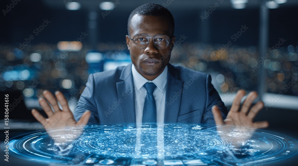 Poster futuristic office environment with data privacy officer demonstrating gdpr compliance using holograp