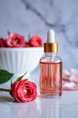 A close up of a bottle of rose oil with roses in a bowl on a marble surface in soft lighting