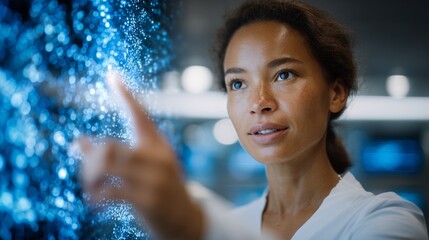 Genetic health consultant explaining digital DNA analysis results with patient in modern laboratory digital interface