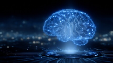 Glowing blue holographic artificial intelligence interface above futuristic digital platform with branching neural network patterns in dark background