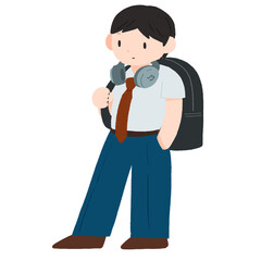 男子高校生がヘッドフォンを首にかけて立っている手描きカラーイラスト