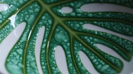 Monstera leaf pattern on ceramic coffee mug close-up